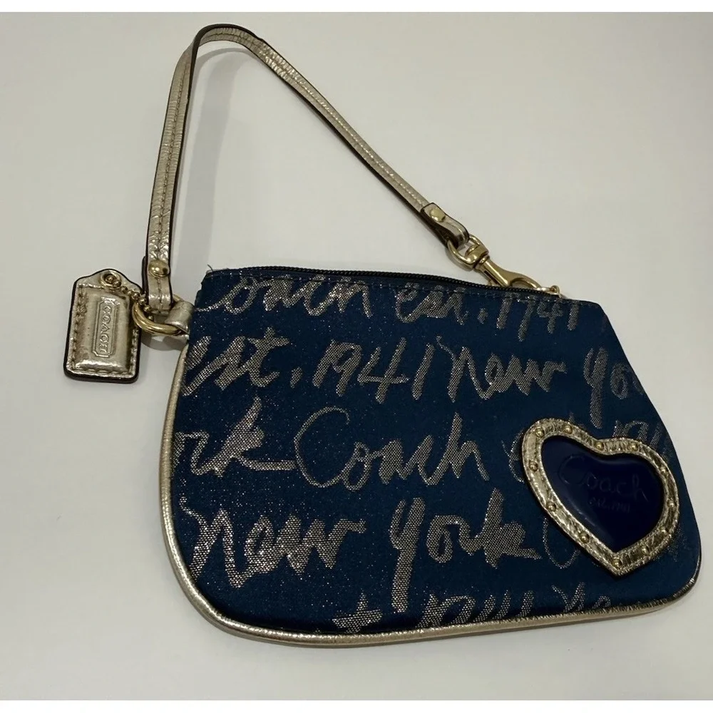 Coach Script New York Gold Trim Navy Blue Heart Purse Bag Wristlet